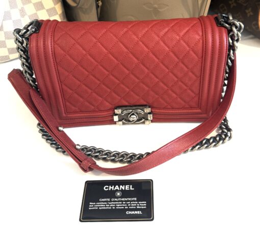 CHANEL Red Quilted Caviar Leather Medium 10" Boy Bag Ruthenium - Image 24