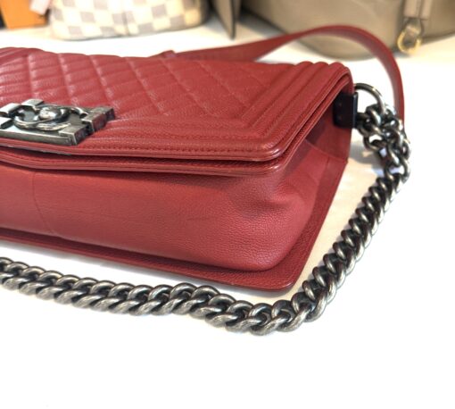 CHANEL Red Quilted Caviar Leather Medium 10" Boy Bag Ruthenium - Image 21