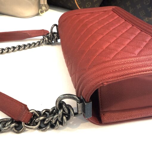 CHANEL Red Quilted Caviar Leather Medium 10" Boy Bag Ruthenium - Image 17