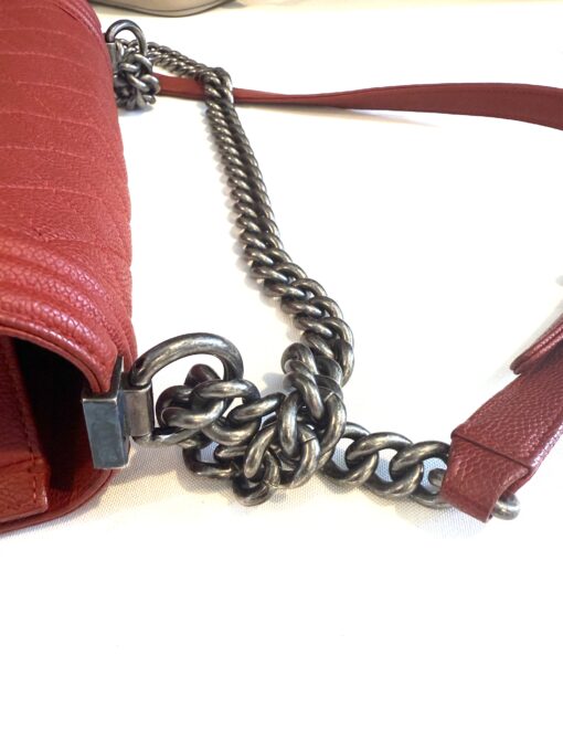 CHANEL Red Quilted Caviar Leather Medium 10" Boy Bag Ruthenium - Image 15