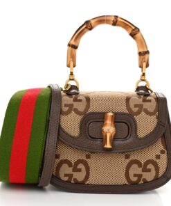 Gucci Monogram Jumbo GG Textured Dollar Calfskin Web Mini Bamboo 1947 Top Handle Bag Camel Ebony New Acero