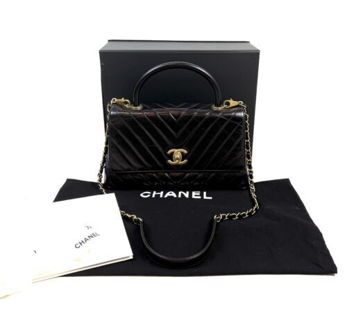 Chanel Aged Calfskin Chevron Quilted Small Coco Handle Flap Black - Image 8