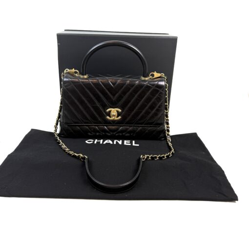 Chanel Aged Calfskin Chevron Quilted Small Coco Handle Flap Black - Image 16