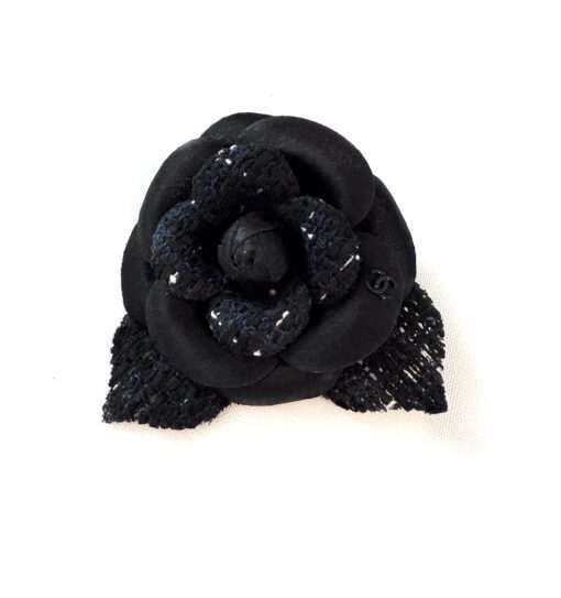 Chanel Tweed Fabric Camellia Pin Brooch Navy Blue Black - Image 11
