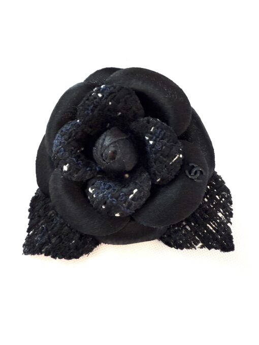 Chanel Tweed Fabric Camellia Pin Brooch Navy Blue Black - Image 10