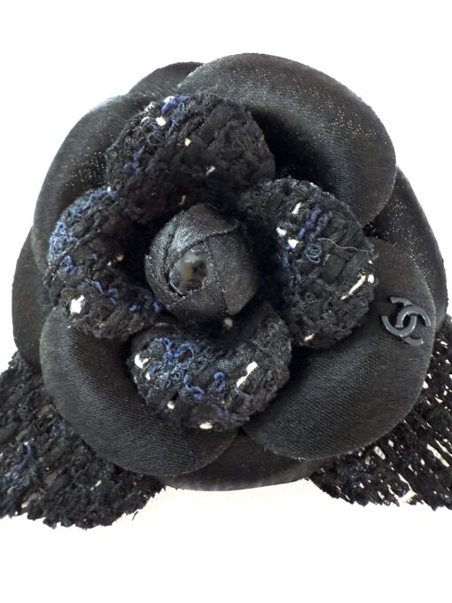 Chanel Tweed Fabric Camellia Pin Brooch Navy Blue Black - Image 9