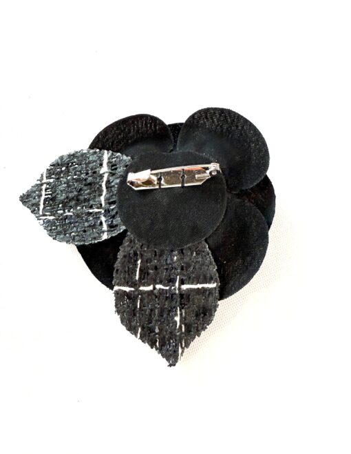 Chanel Tweed Fabric Camellia Pin Brooch Navy Blue Black - Image 8