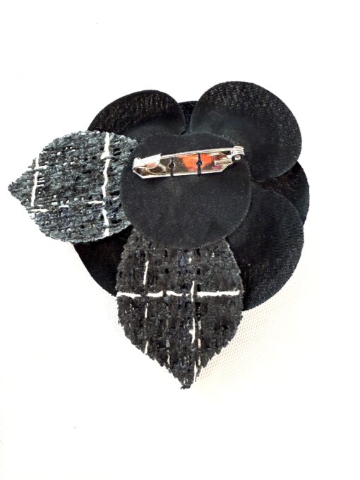 Chanel Tweed Fabric Camellia Pin Brooch Navy Blue Black - Image 7