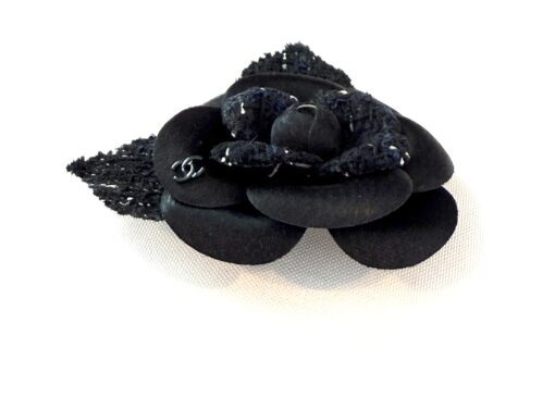 Chanel Tweed Fabric Camellia Pin Brooch Navy Blue Black - Image 6
