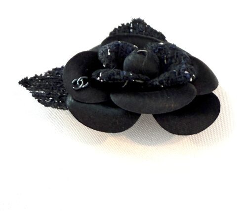 Chanel Tweed Fabric Camellia Pin Brooch Navy Blue Black - Image 5