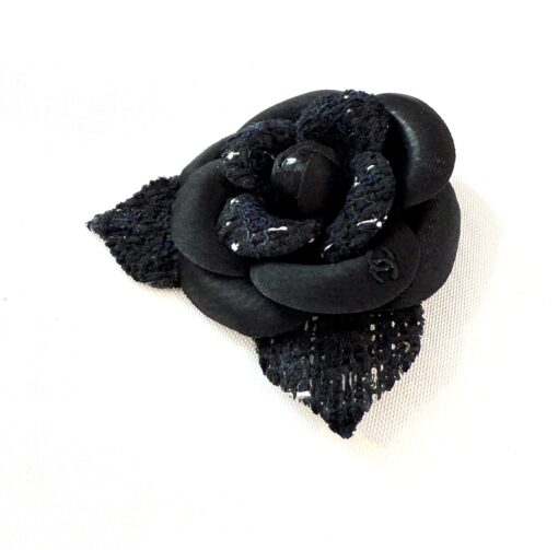 Chanel Tweed Fabric Camellia Pin Brooch Navy Blue Black - Image 4