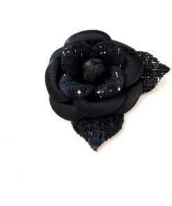 Chanel Tweed Fabric Camellia Pin Brooch Navy Blue Black