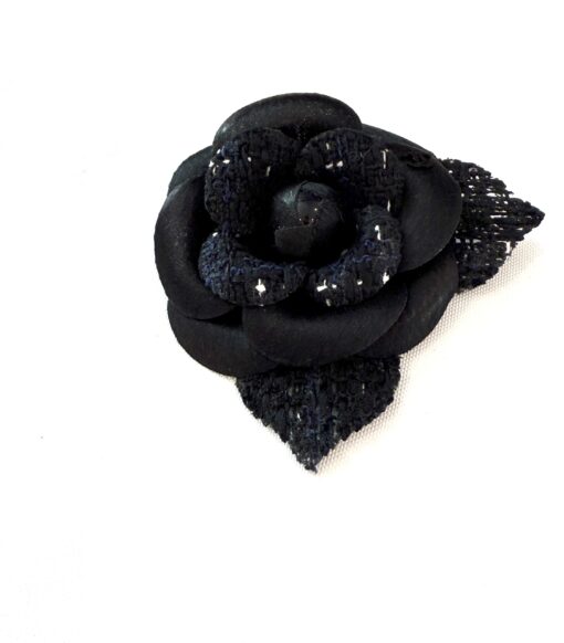 Chanel Tweed Fabric Camellia Pin Brooch Navy Blue Black