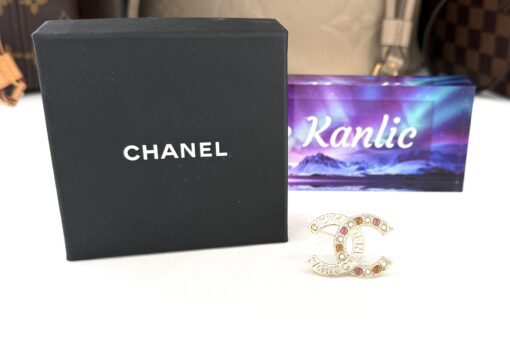 Chanel Crystal Pearl Glass CC Logo Brooch Gold Pink Orange - Image 5