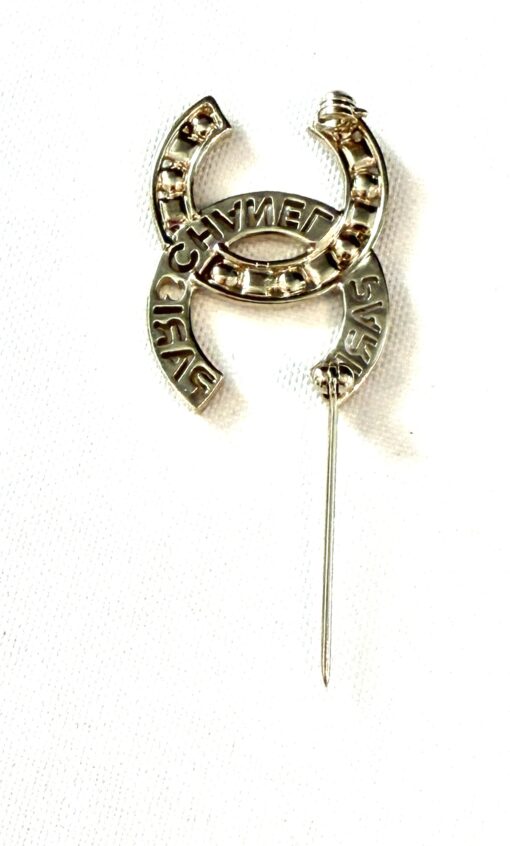 Chanel Crystal Pearl Glass CC Logo Brooch Gold Pink Orange - Image 6