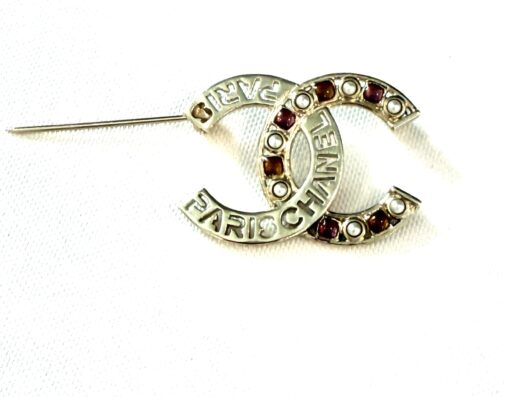 Chanel Crystal Pearl Glass CC Logo Brooch Gold Pink Orange - Image 4