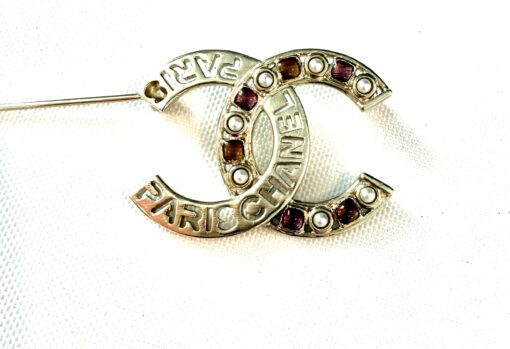 Chanel Crystal Pearl Glass CC Logo Brooch Gold Pink Orange - Image 3