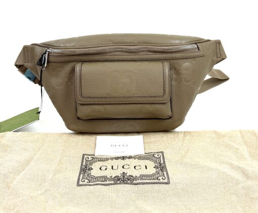 Gucci Piuma Calfskin Jumbo GG Embossed Pocket Belt Bag Large Taupe
