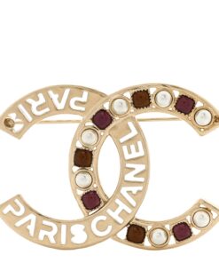 Chanel Crystal Pearl Glass CC Logo Brooch Gold Pink Orange