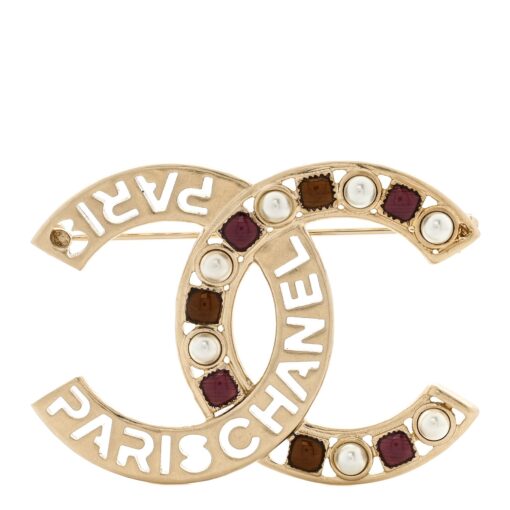 Chanel Crystal Pearl Glass CC Logo Brooch Gold Pink Orange