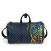 Side view of the jungle print panel and the leather trim