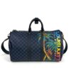 Three quarter view of the jungle print and cobalt check