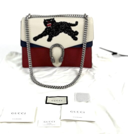 Gucci Calfskin Panther Embroidered Medium Dionysus Shoulder Bag White Blue Hibiscus Red - Image 3