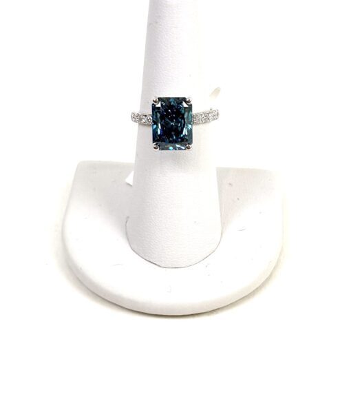 Fancy Vivid Blue Rectangular Brilliant Lab Diamond 5.50 TCW 14K White Gold Side Diamonds Ring - Image 10
