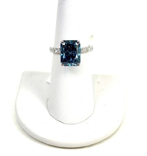 Fancy Vivid Blue Rectangular Brilliant Lab Diamond 5.50 TCW 14K White Gold Side Diamonds Ring - Image 2