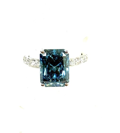 Fancy Vivid Blue Rectangular Brilliant Lab Diamond 5.50 TCW 14K White Gold Side Diamonds Ring