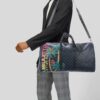 Studio campaign image of a model carrying the duffle