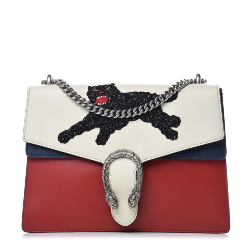 Gucci Calfskin Panther Embroidered Medium Dionysus Shoulder Bag White Blue Hibiscus Red
