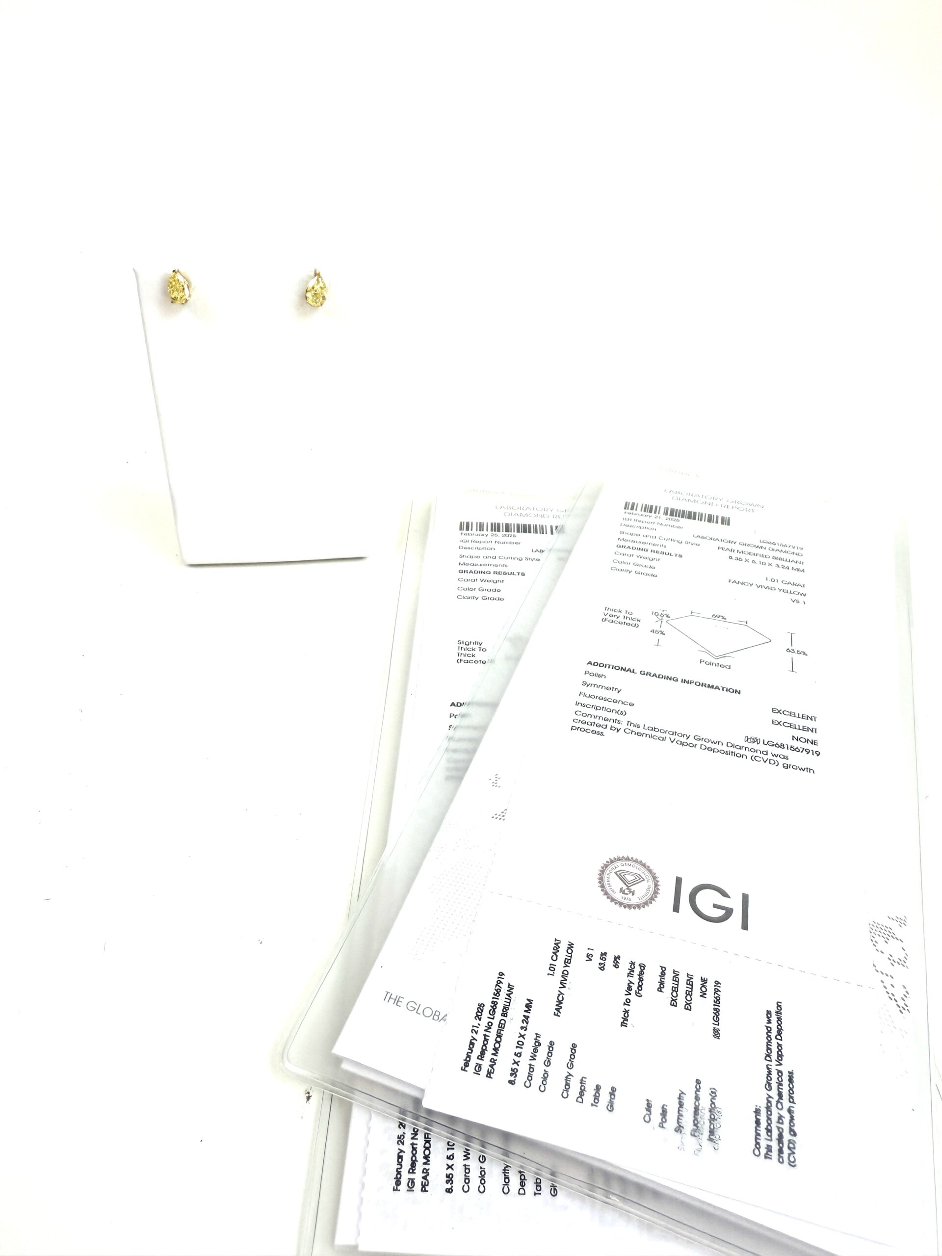 Fancy Vivid Yellow 2.05 Carat Lab Grown Pear Shape Pierced Earrings 14K Yellow Gold 5 Fancy Vivid Yellow 2.05 Carat Lab Grown Pear Shape Pierced Earrings 14K Yellow Gold 5