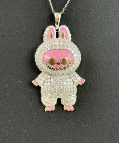 Labubu Daddy Bu .925 Sterling Silver Rhodium 18″ Necklace Pink Face 2.5 Carat Lab Diamonds 2