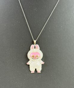 Labubu Daddy Bu .925 Sterling Silver Rhodium 18″ Necklace Pink Face 2.5 Carat Lab Diamonds 3