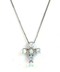 Natural Sapphire Opal Cross .02 Natural Diamond Pendant Necklace 10k White gold 18″ 4
