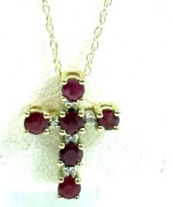 Natural Ruby Cross .02 Natural Diamond Pendant Necklace 10K Yellow Gold 18″ 1