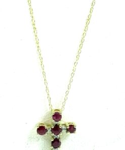 Natural Ruby Cross .02 Natural Diamond Pendant Necklace 10K Yellow Gold 18″ 4