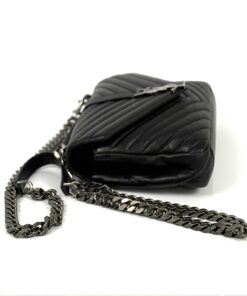 YSL Sheepskin Matelasse Chevron Monogram Medium College Bag Black Silver 10
