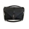 YSL Saint Laurent College Large Quilted Black Leather V-Flap Shoulder Bag Silver