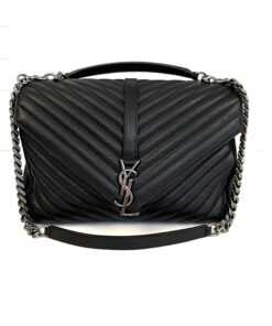 YSL Saint Laurent College Large Quilted Black Leather V-Flap Shoulder Bag Silver 22