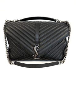 YSL Saint Laurent College Large Quilted Black Leather V-Flap Shoulder Bag Silver 19