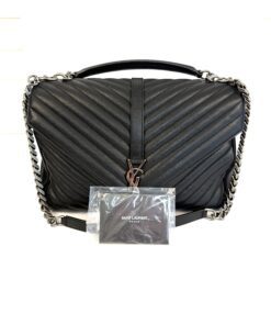 YSL Saint Laurent College Large Quilted Black Leather V-Flap Shoulder Bag Silver 3