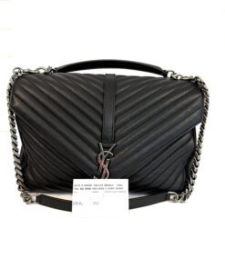 YSL Saint Laurent College Large Quilted Black Leather V-Flap Shoulder Bag Silver 11