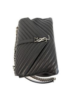 YSL Saint Laurent College Large Quilted Black Leather V-Flap Shoulder Bag Silver 12