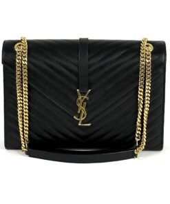 Yves Saint Laurent Black Chevron Quilted Leather Large Monogram Chain Cassandre Bag Gold HW 17