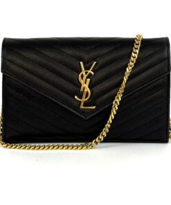 YSL BLACK CLASSIC CASSANDRE CHAIN WALLET IN GRAIN DE POUDRE LEATHER 21