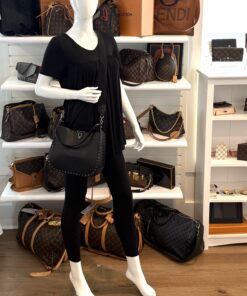 Valentino Garavani Black Leather Rockstud Small Hobo Shoulder Bag Pewter HW 2