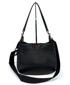 Valentino Garavani Black Leather Rockstud Small Hobo Shoulder Bag Pewter HW 18
