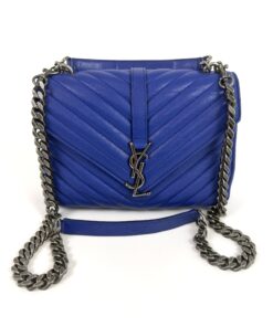 YSL Sheepskin Matelasse Chevron Monogram Medium College Bag Royal Blue Antique Silver 23